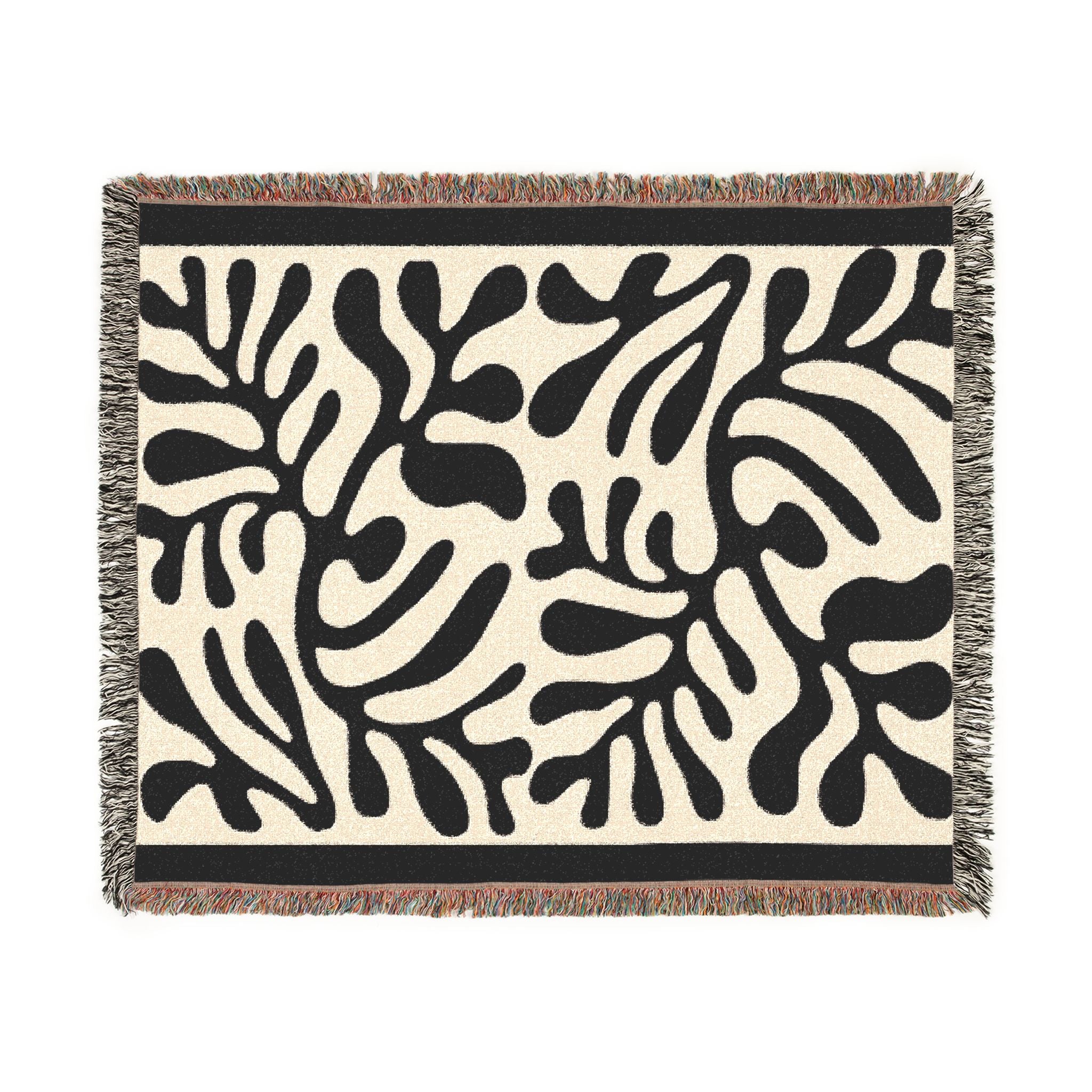 Black Matisse Pattern Woven Blanket – Modern Artisan Cozy Throw with Colorful Fringed Edges, Chic Artistic Modern Throw for Stylish Sofa Accessory