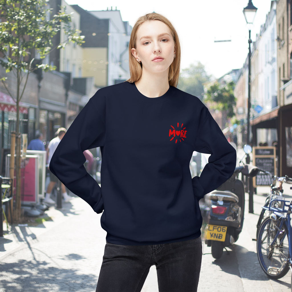 Front of the More Amore Por Favour sweatshirt showing playful heart artwork.