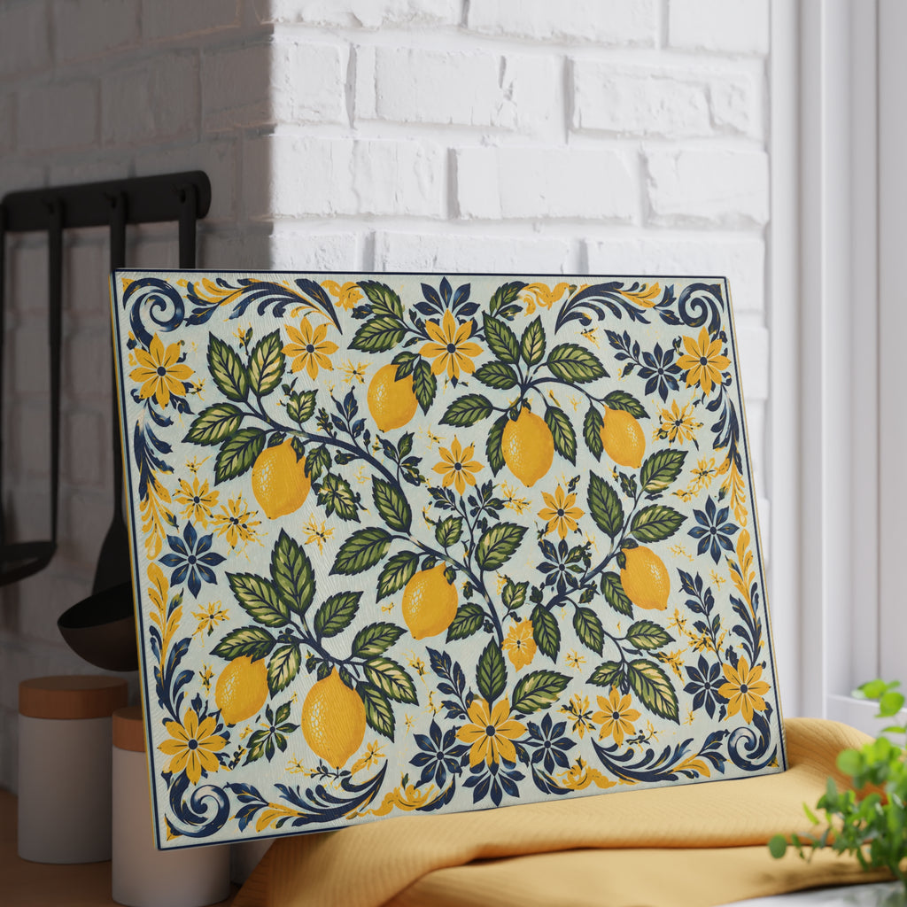 Large Amalfi lemons glass cutting board showcasing a colourful citrus and botanical pattern