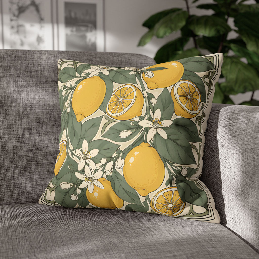Mediterranean Lemon Faux Suede Cushion | Citrus Botanical Decorative Throw Pillow | Coastal Home Décor