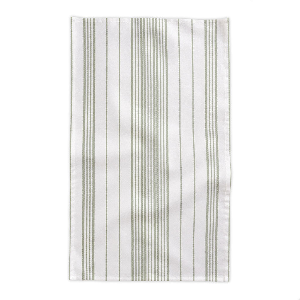 Premium 100% cotton twill tablecloth in a sage green stripe pattern designed for timeless Mediterranean and French country homes.