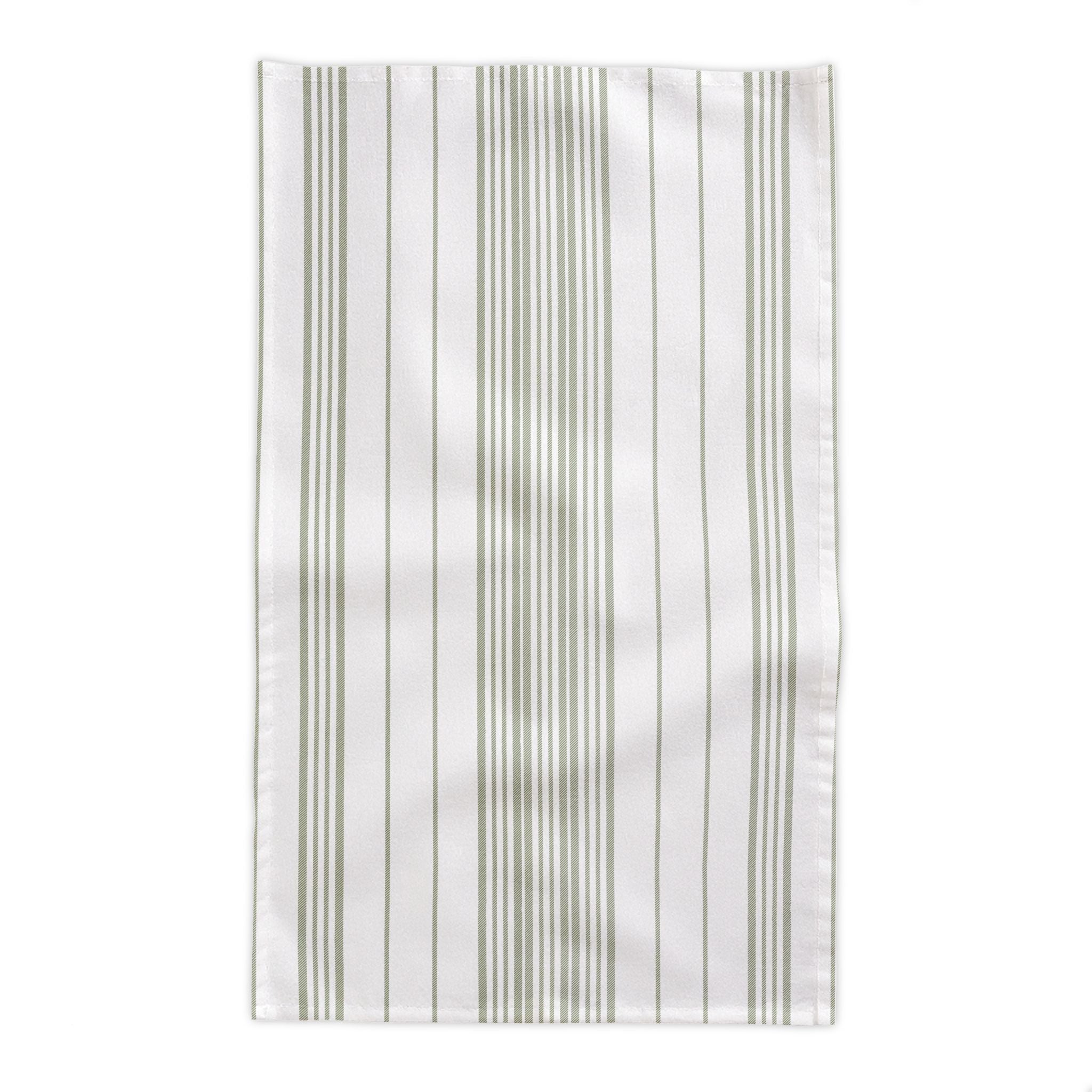 Premium 100% cotton twill tablecloth in a sage green stripe pattern designed for timeless Mediterranean and French country homes.