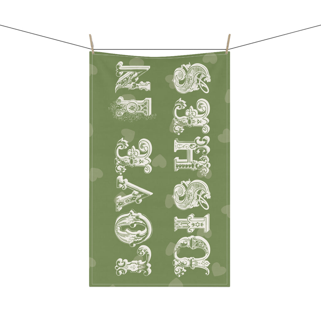 Love in Dishes Tea Towel – Mediterranean Olive Green Kitchen Linen
