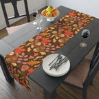 Polyester finished 16 by 72 inch fall leaves table runner styled on a smaller dining table
