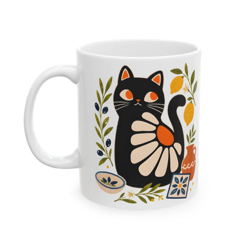 Double-sided Black Matisse cat mug displayed in a modern kitchen setting with Mediterranean botanical artwork