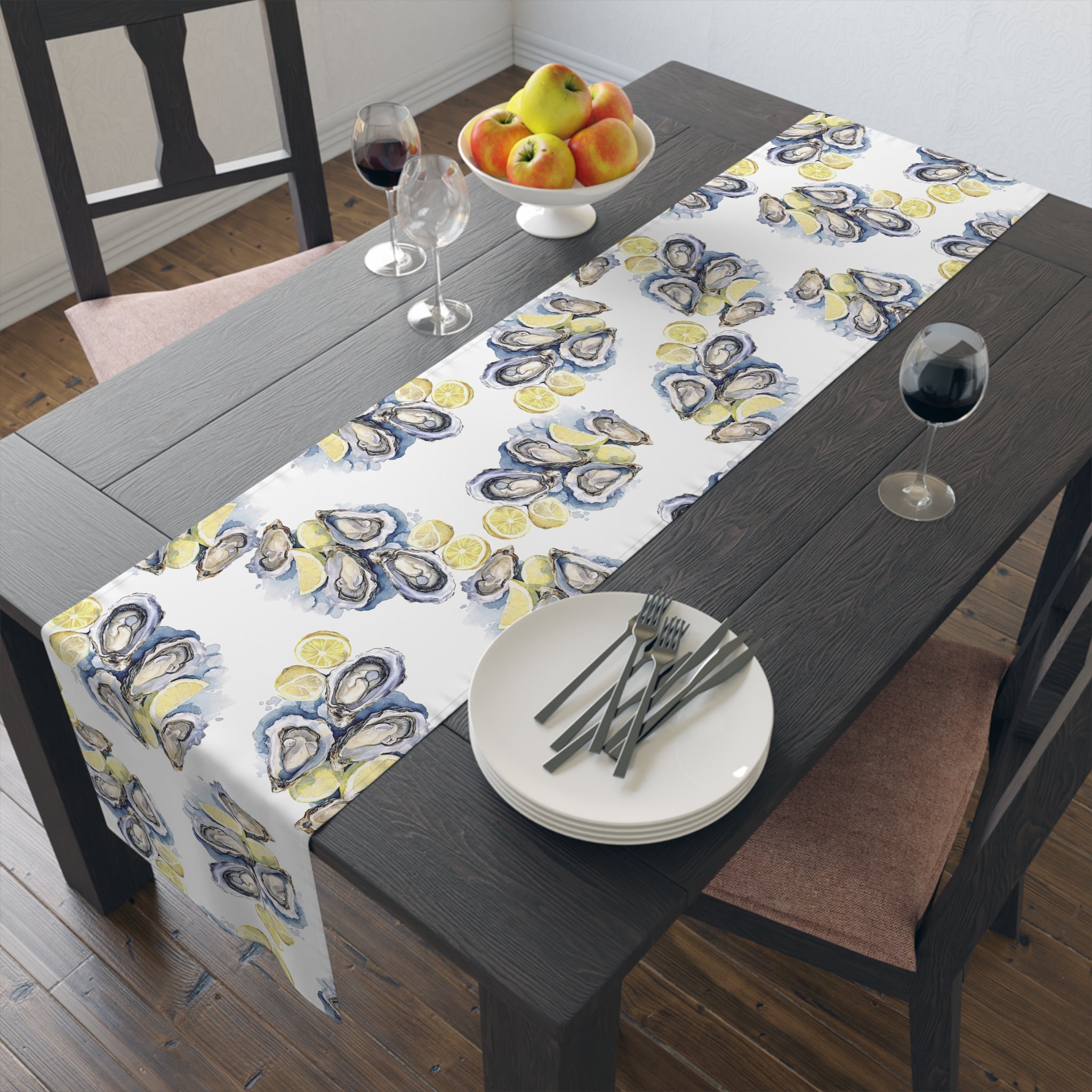 Watercolor Oysters Table Runner – Coastal Mediterranean Dining Decor