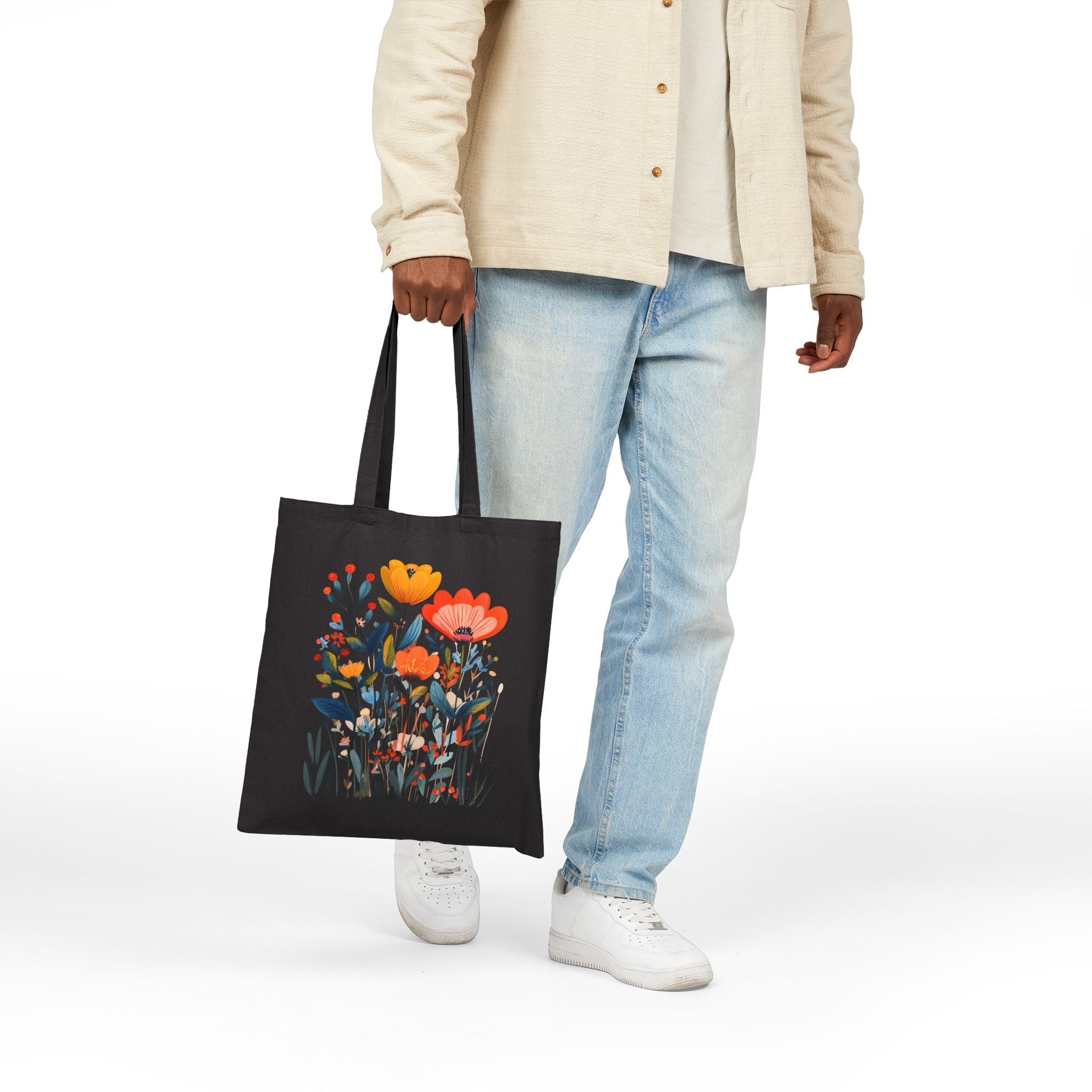 Abstract Wildflower Cotton Canvas Tote Bag | Mediterranean Botanical Floral Shopping Bag | Reusable Eco Tote | Natural & Black Canv