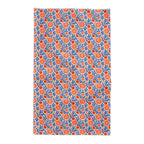 Coral reef pattern tablecloth in blue and terracotta designed for Mediterranean-inspired tablescapes and entertaining.