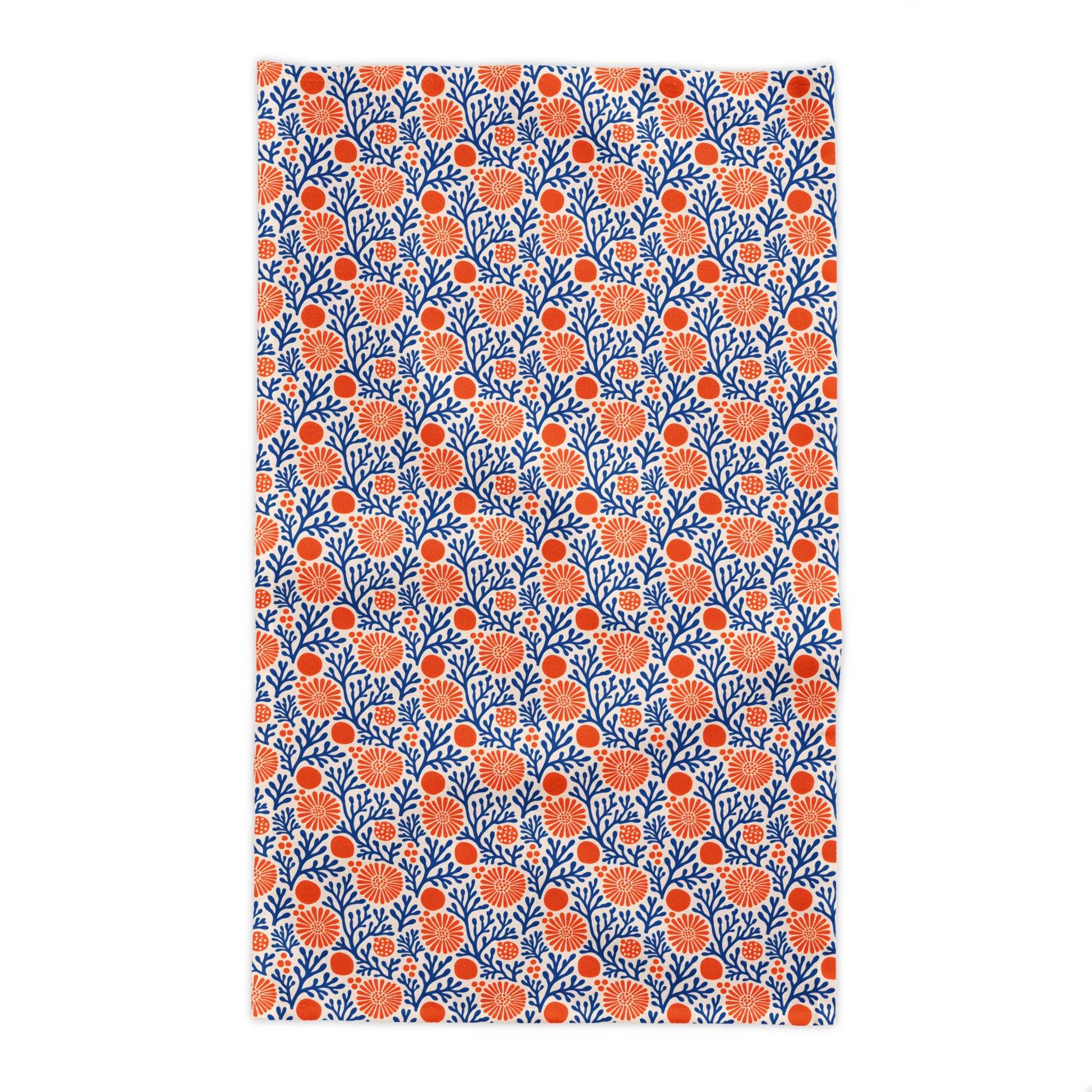 Coral reef pattern tablecloth in blue and terracotta designed for Mediterranean-inspired tablescapes and entertaining.