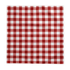 58 x 58 inch red gingham cotton twill tablecloth styled on a small square dining table.