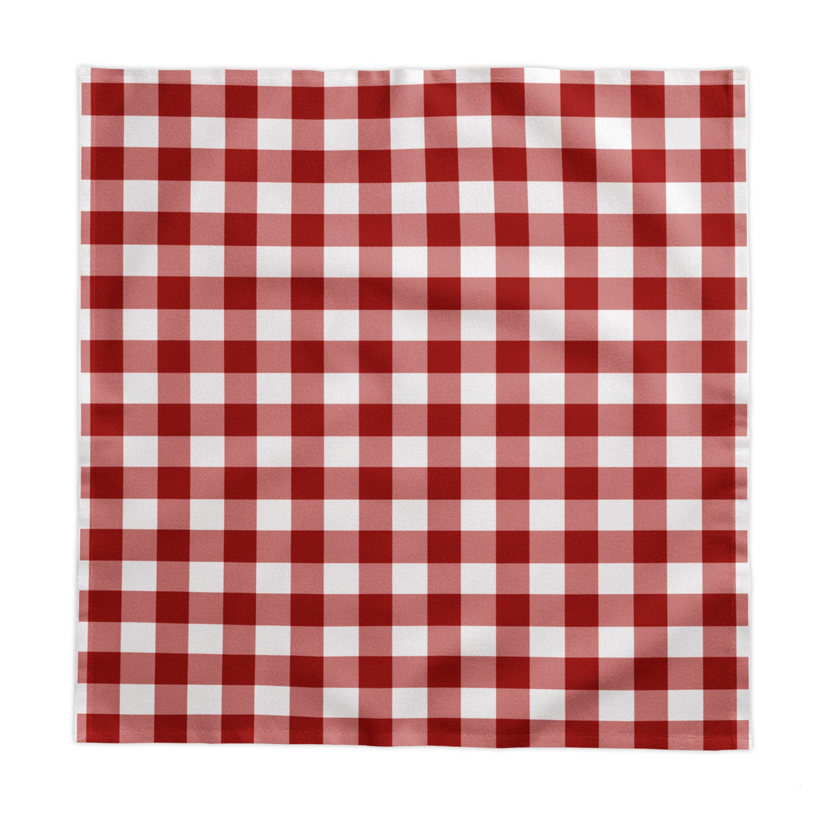 58 x 58 inch red gingham cotton twill tablecloth styled on a small square dining table.