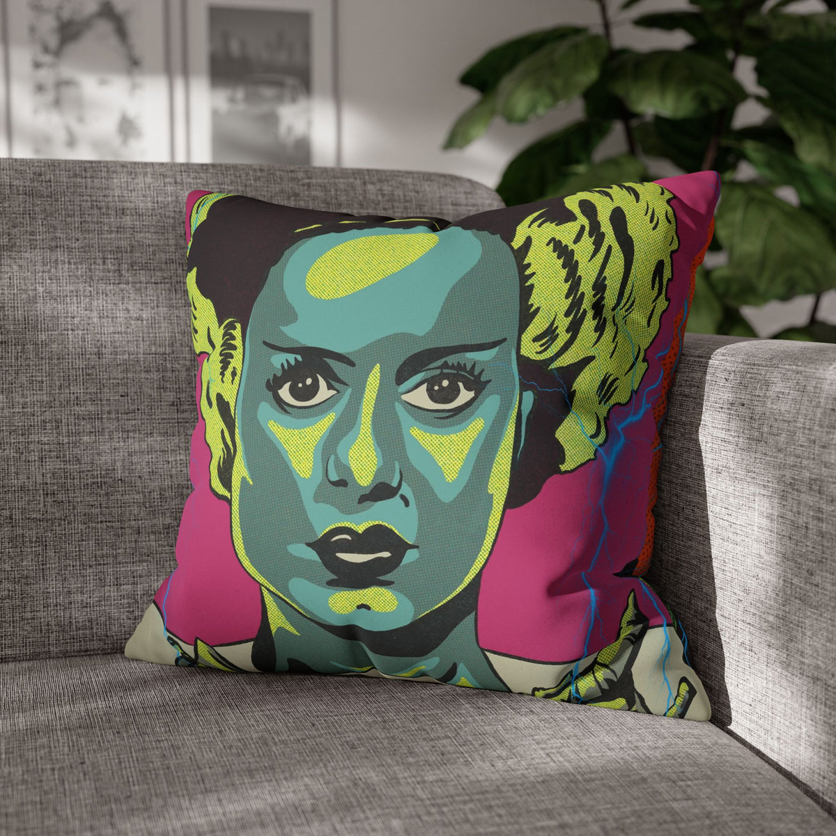 Close-up of Bride of Frankenstein vintage-inspired artwork on a double-sided faux suede cushion
