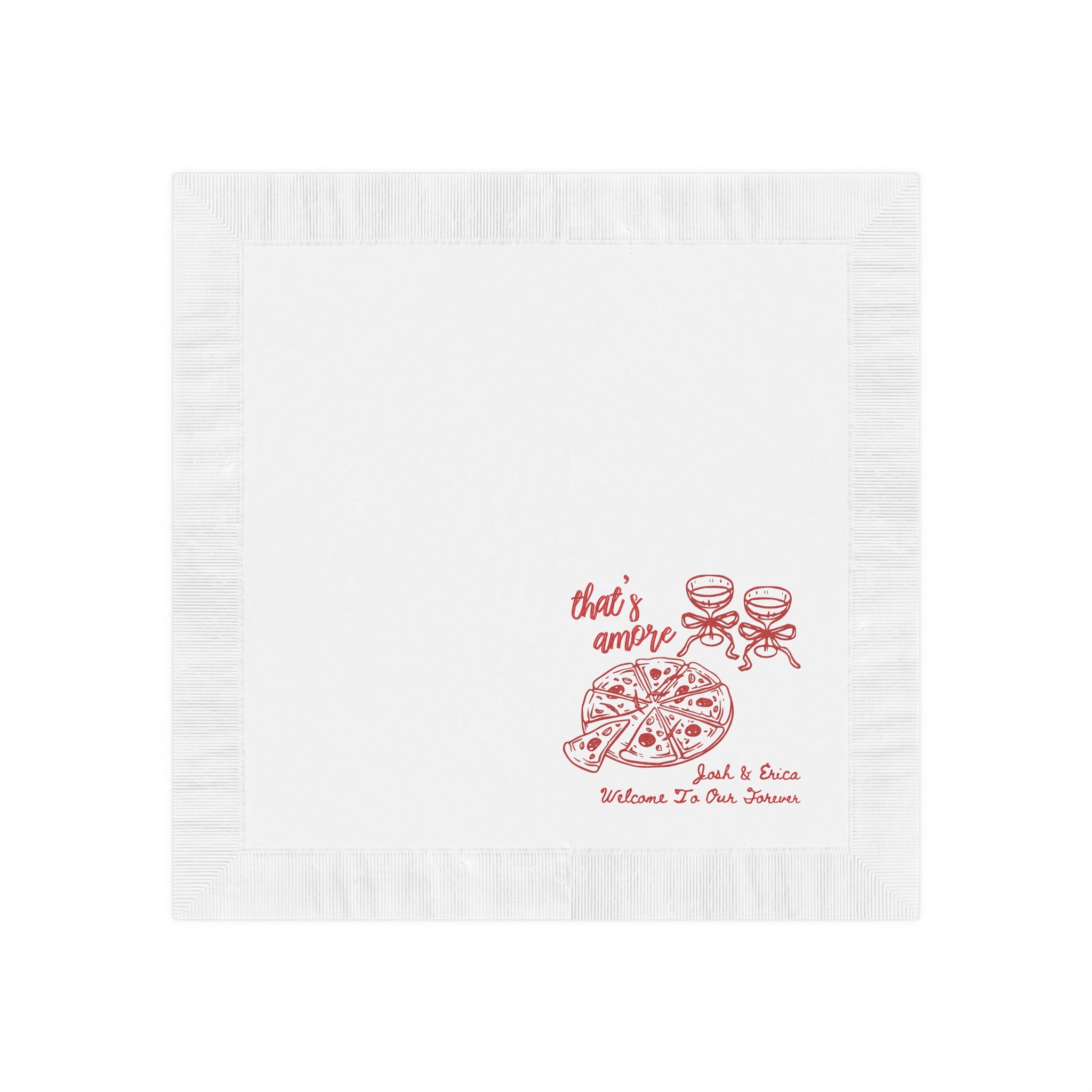 Close-up of a premium white coined-edge wedding napkin featuring personalized names and an Italian-inspired Welcome to Our Forever design.