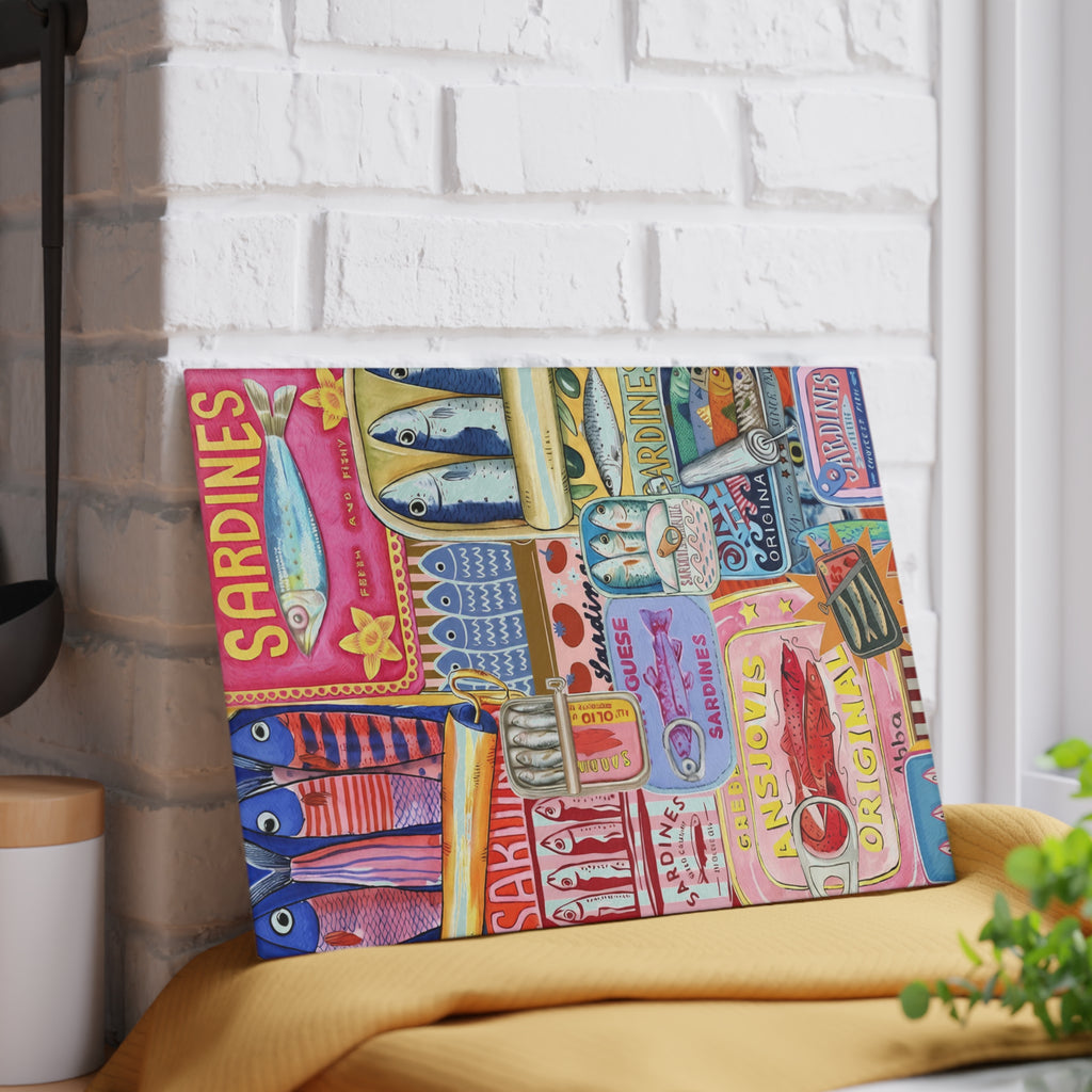 Decorative glass cutting board with modern fisherman collage inspired by Mediterranean seaside life