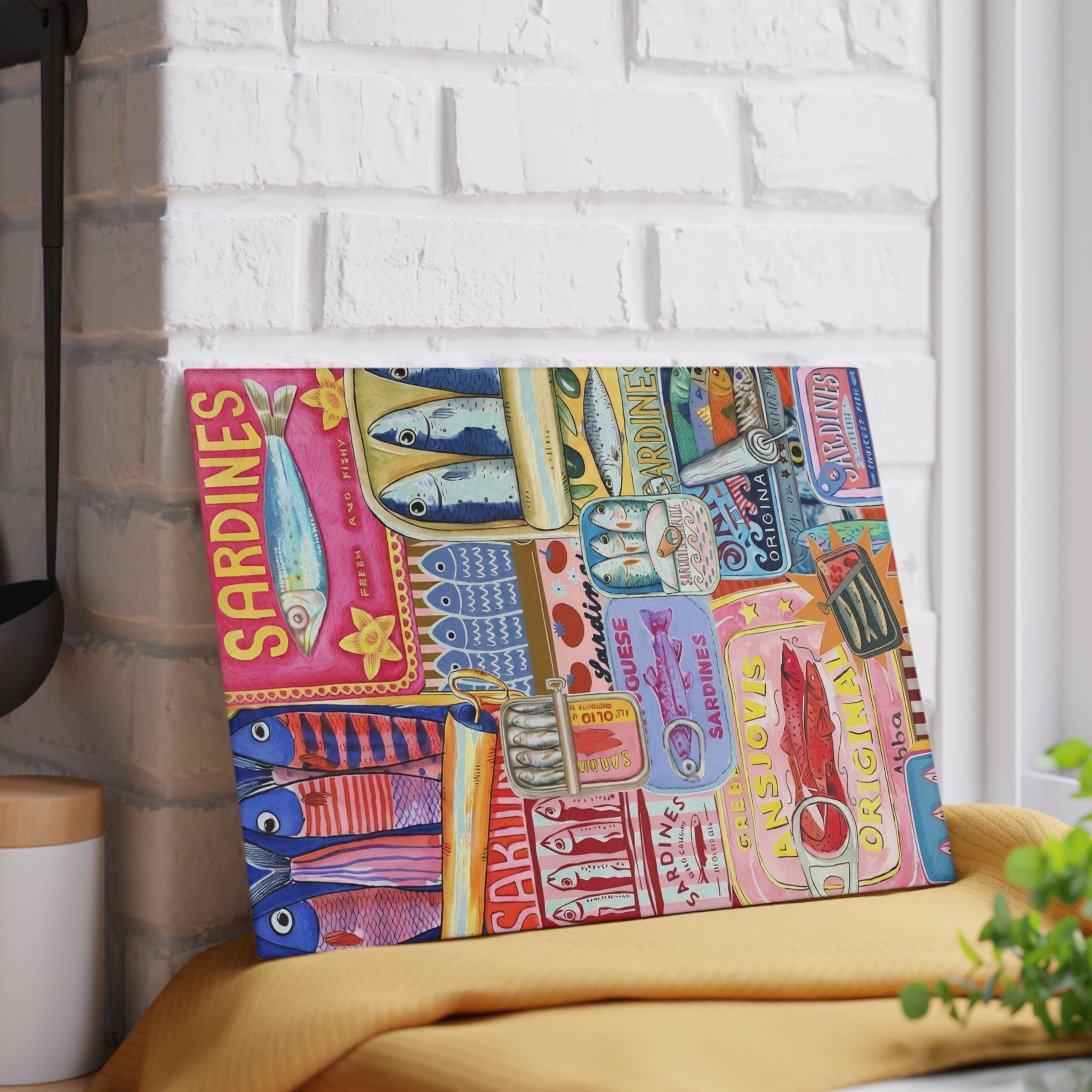 Decorative glass cutting board with modern fisherman collage inspired by Mediterranean seaside life
