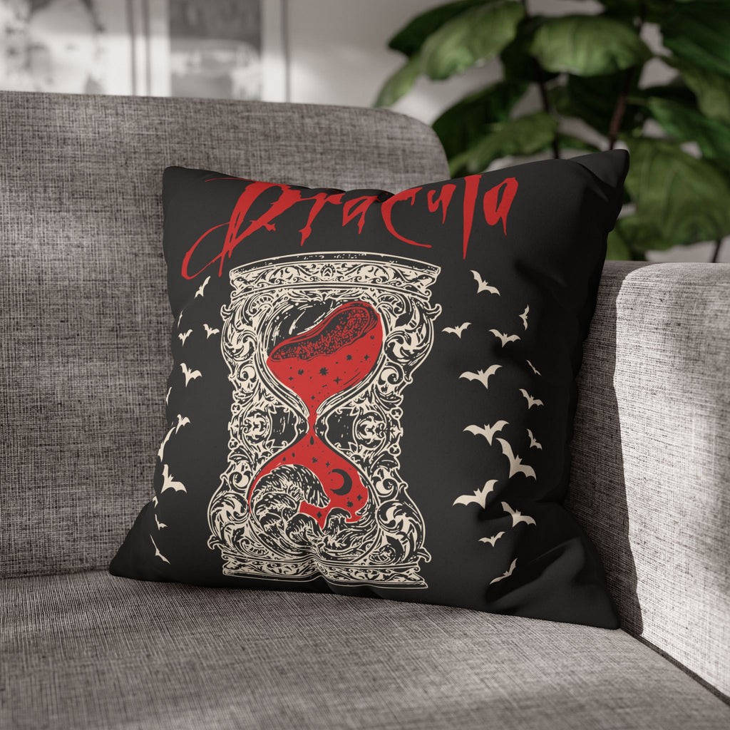 Vampire-inspired decorative cushion cover with gothic lettering, bat motifs and a dramatic black background.