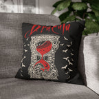 Vampire-inspired decorative cushion cover with gothic lettering, bat motifs and a dramatic black background.