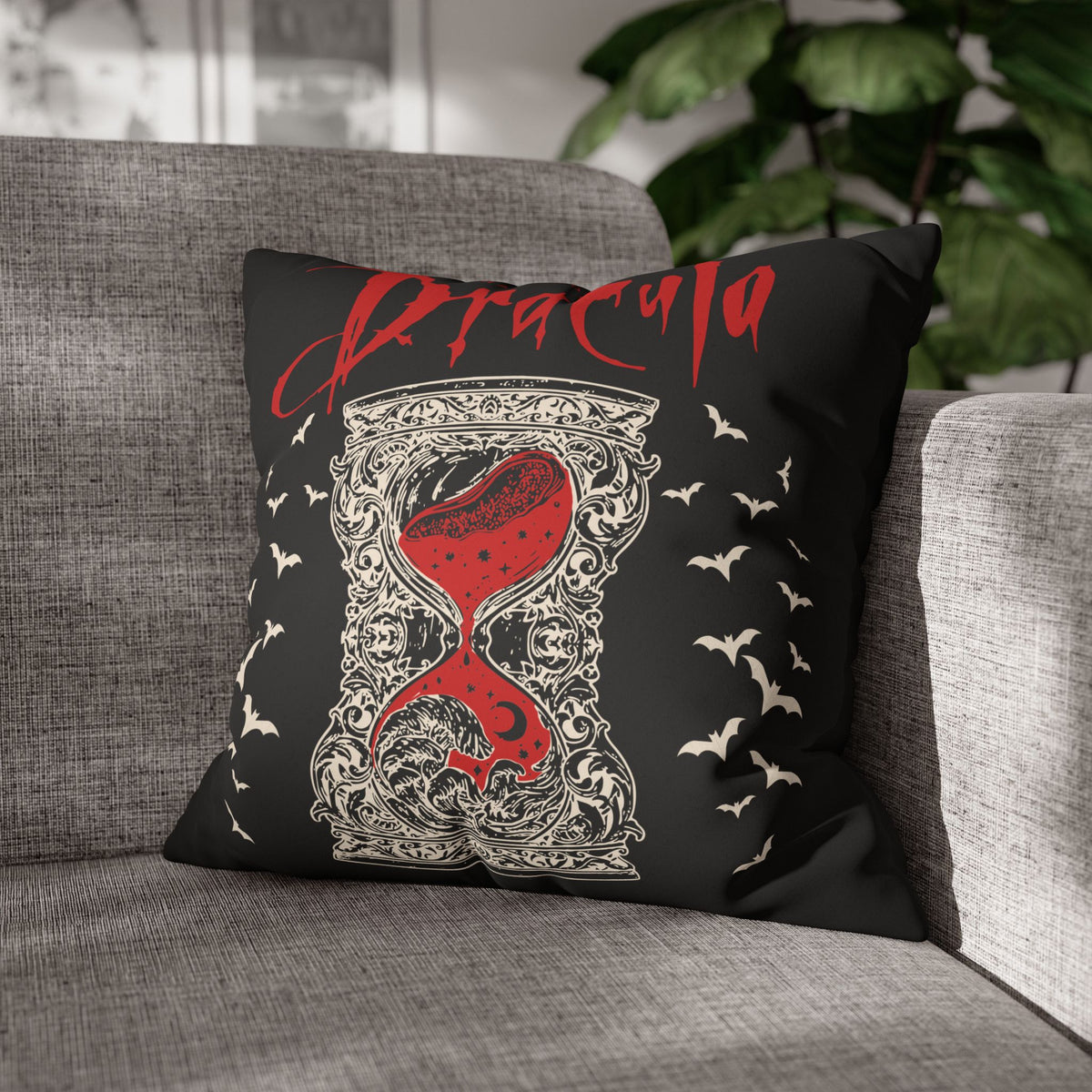 Vampire-inspired decorative cushion cover with gothic lettering, bat motifs and a dramatic black background.
