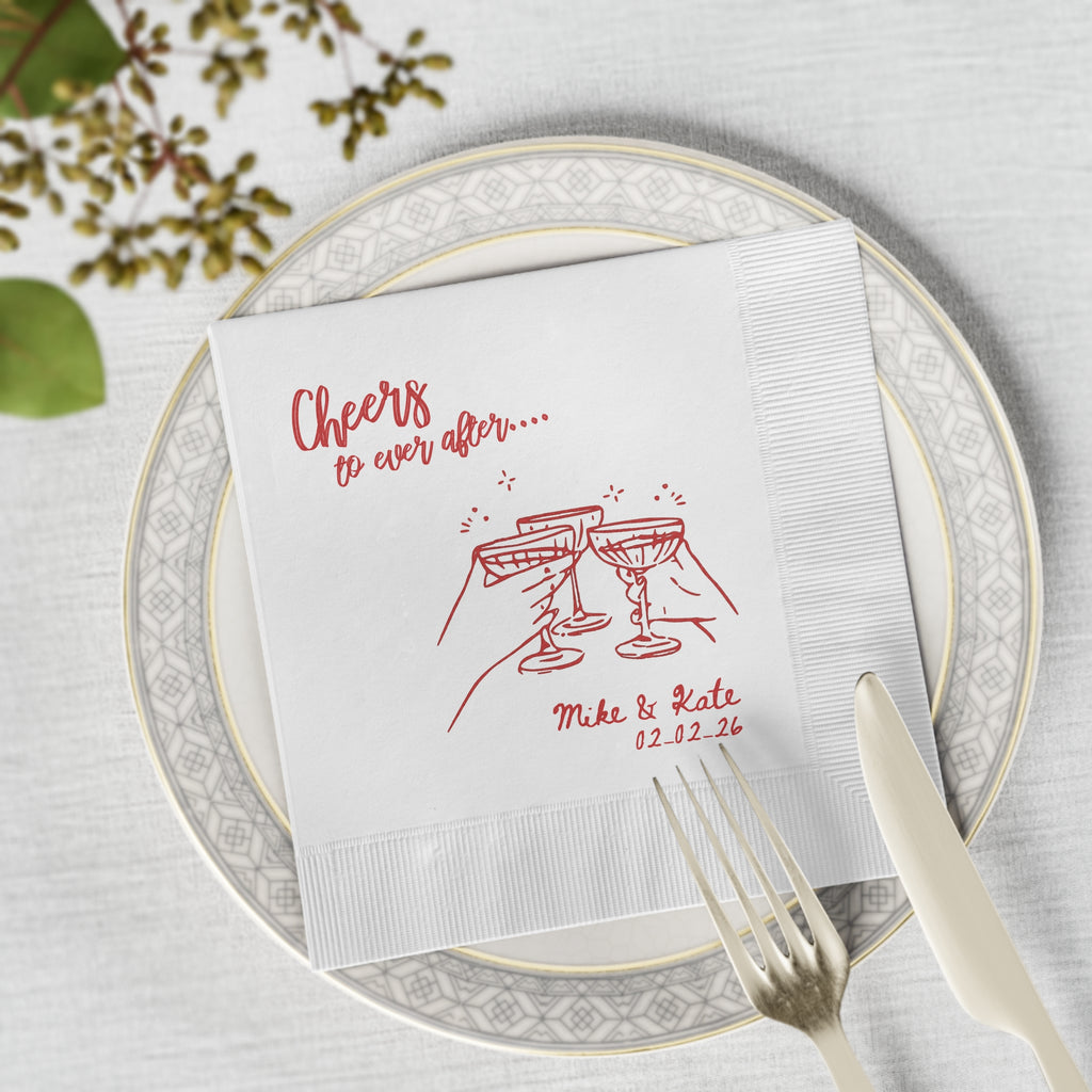 White three-ply personalized wedding beverage napkin featuring custom names and wedding date for a timeless celebration.