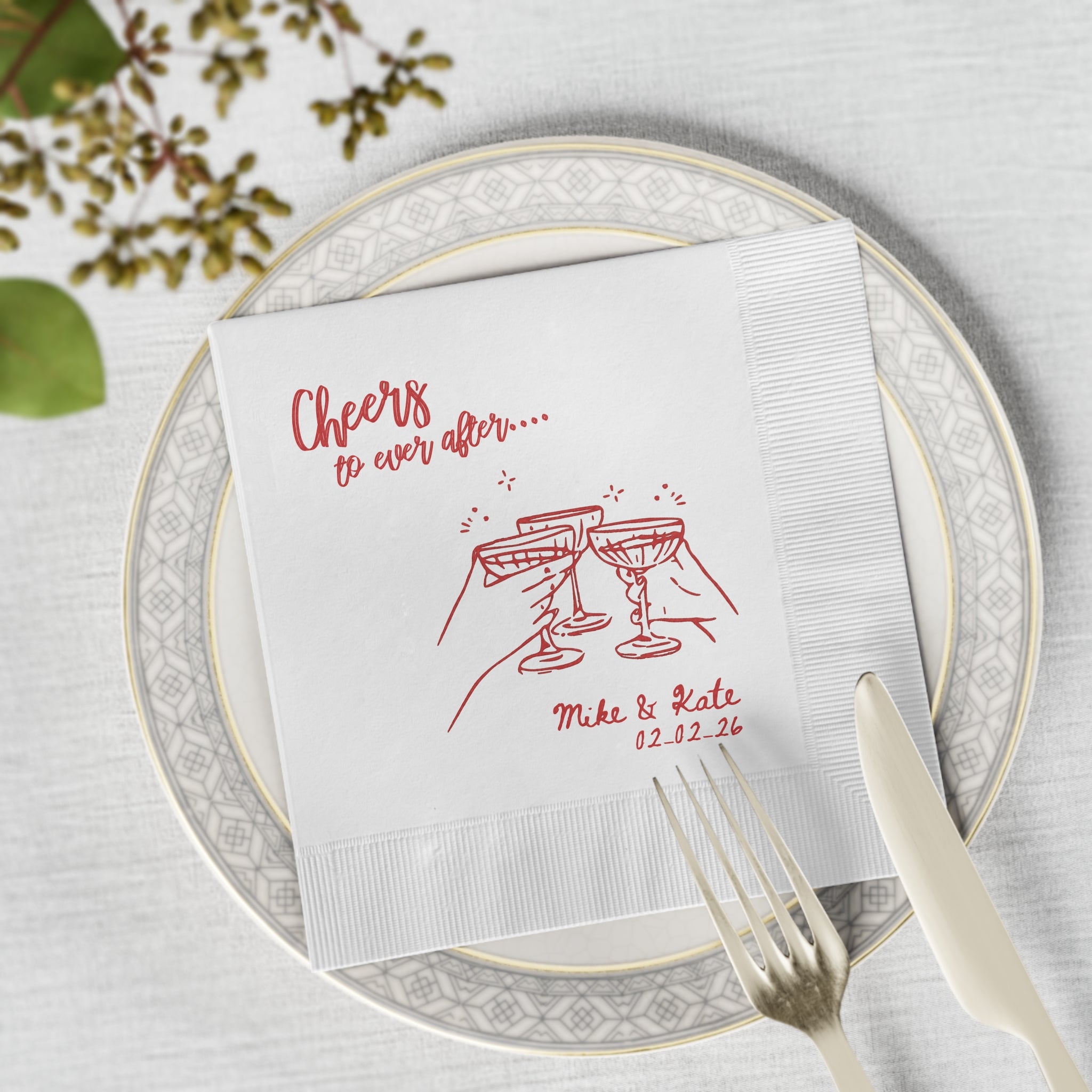 White three-ply personalized wedding beverage napkin featuring custom names and wedding date for a timeless celebration.