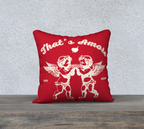 That's Amore Cupid Red 18"x18" Cushion featuring two cherubs in white design on a red velveteen pillow