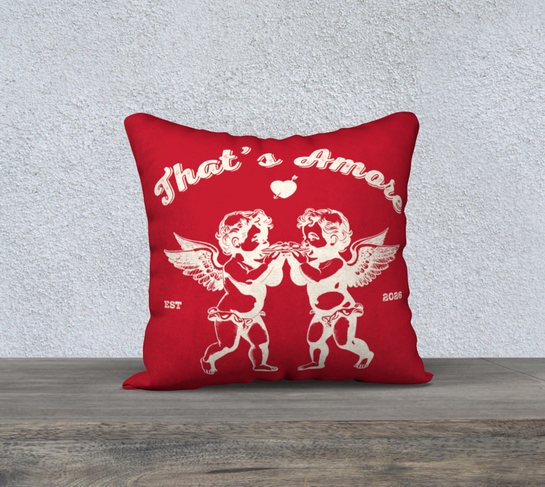 That's Amore Cupid Red 18"x18" Cushion featuring two cherubs in white design on a red velveteen pillow