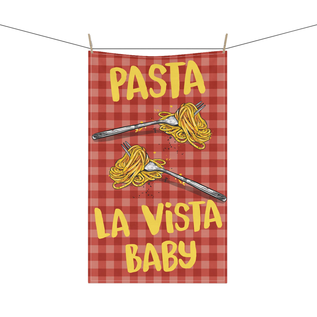 Pasta La Vista Baby tea towel featuring yellow lettering, two spaghetti forks and a red gingham pattern.