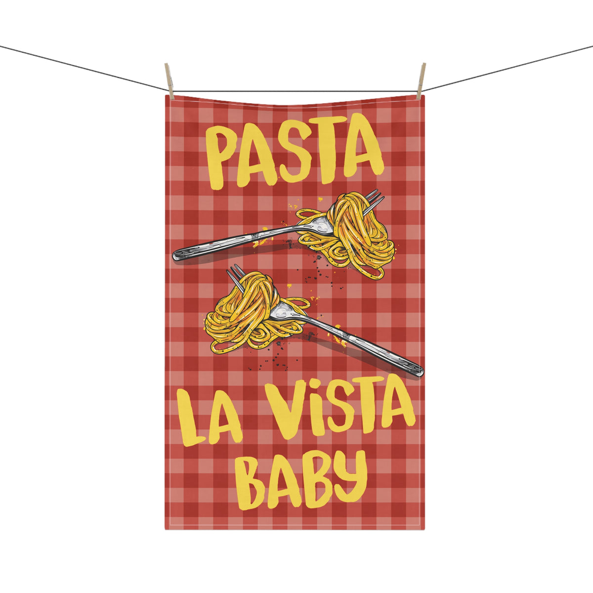 Pasta La Vista Baby tea towel featuring yellow lettering, two spaghetti forks and a red gingham pattern.