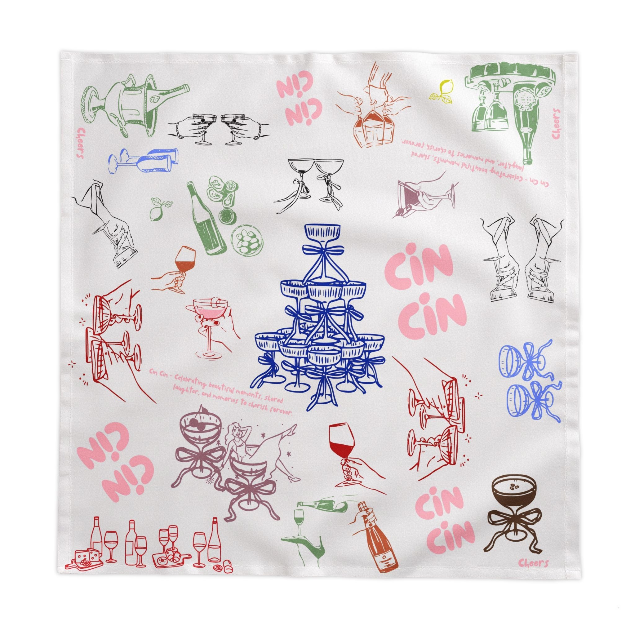 Detail of 100% cotton twill tablecloth showing playful hand-drawn Italian dining illustrations in blue, red, green and pink tones