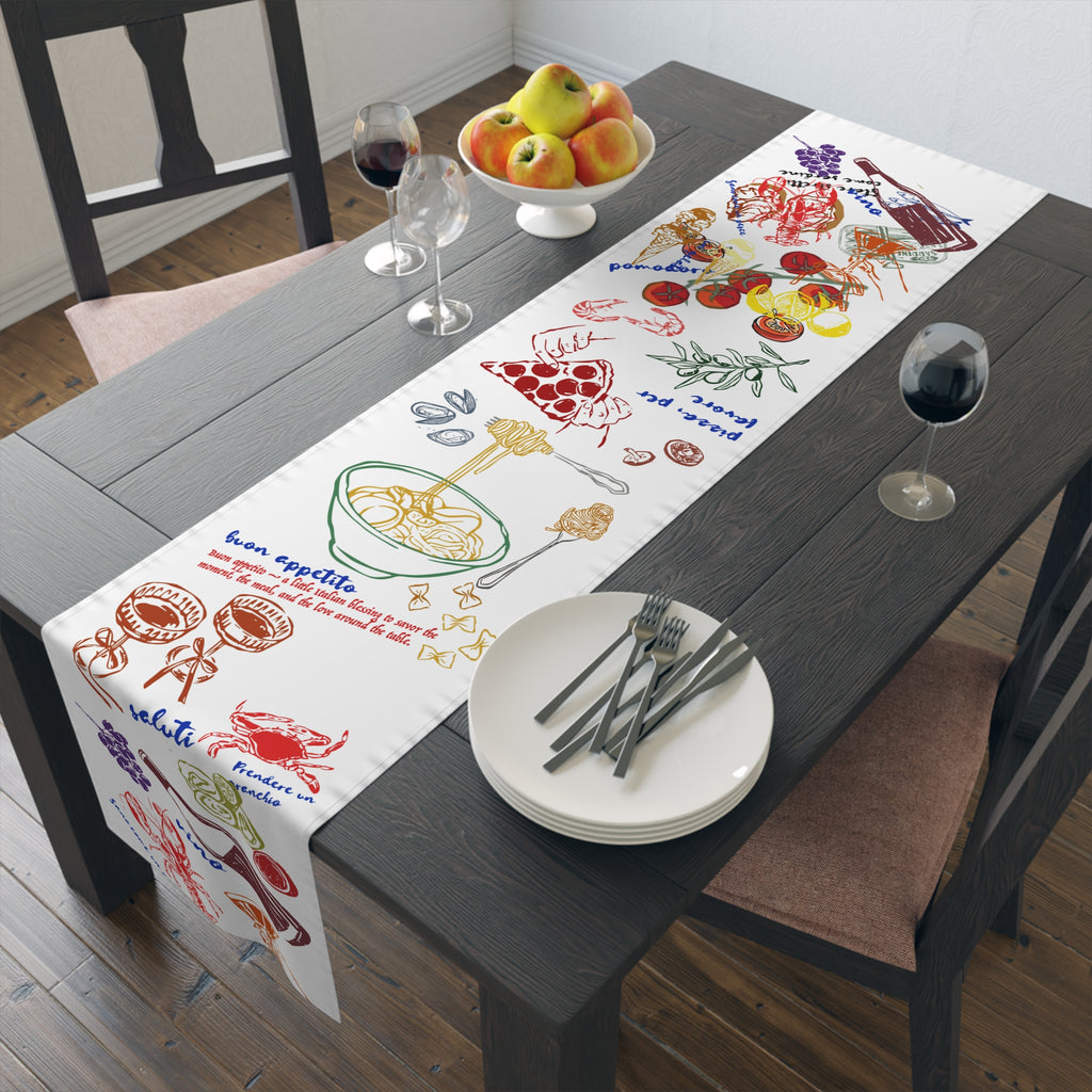 European-inspired table runner styled for summer entertaining and family gatherings.