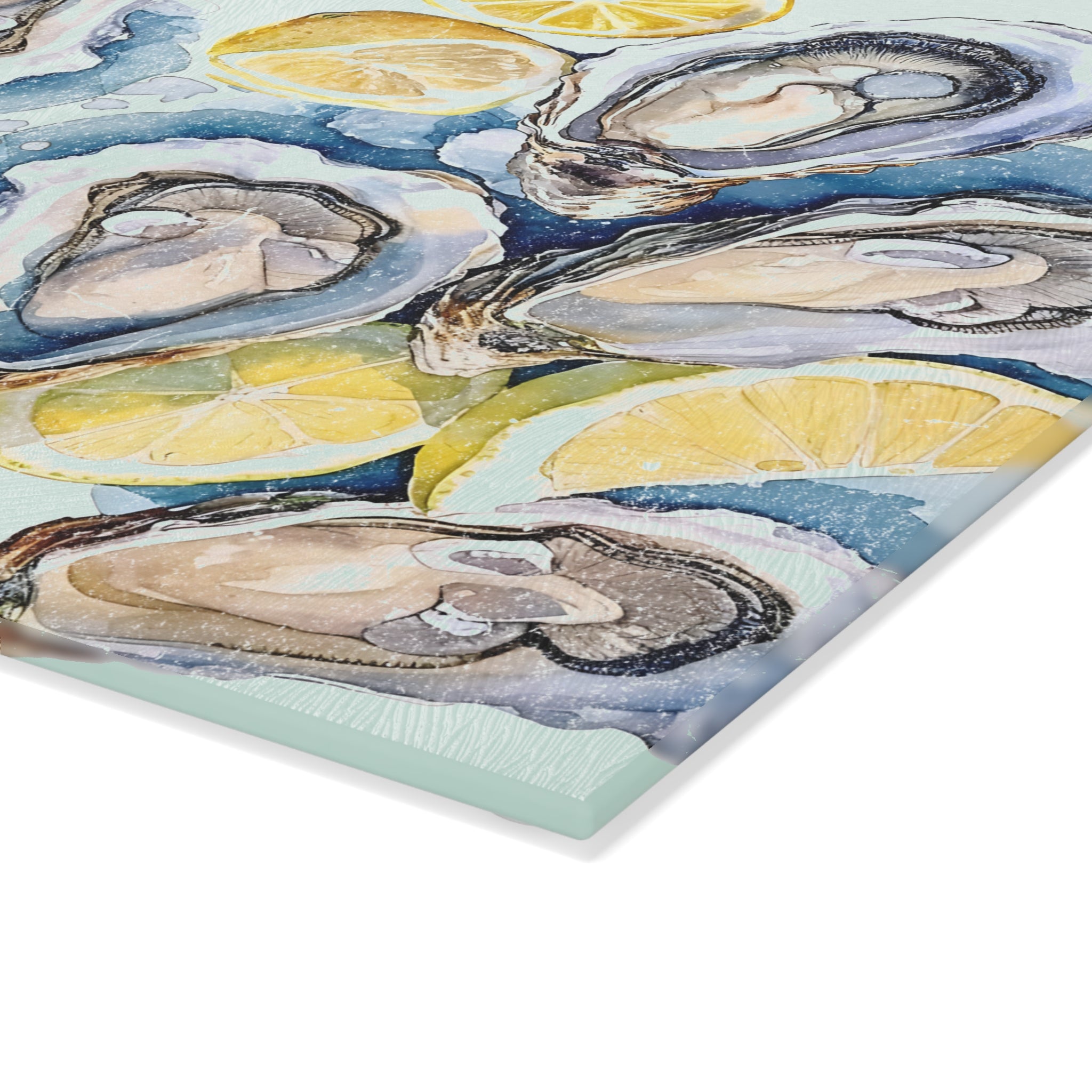 Close-up view of watercolor oyster shells and fresh lemon slices design on a decorative glass cutting board