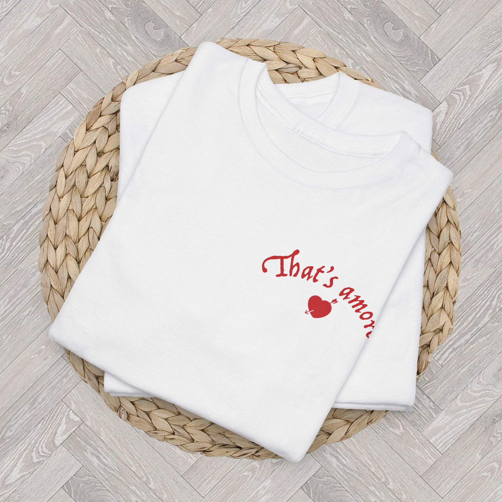 Front view of a custom That's Amore bridal party tee featuring a romantic cherubs design and personalised wedding details.