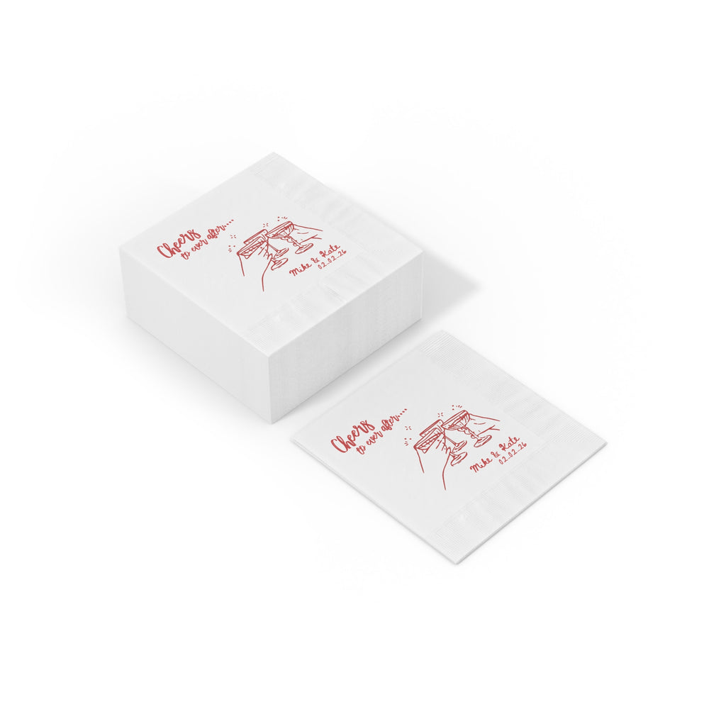 Elegant personalized Ever After wedding cocktail napkin with custom names and wedding date, perfect for engagement parties, receptions, and bridal shower celebrations.