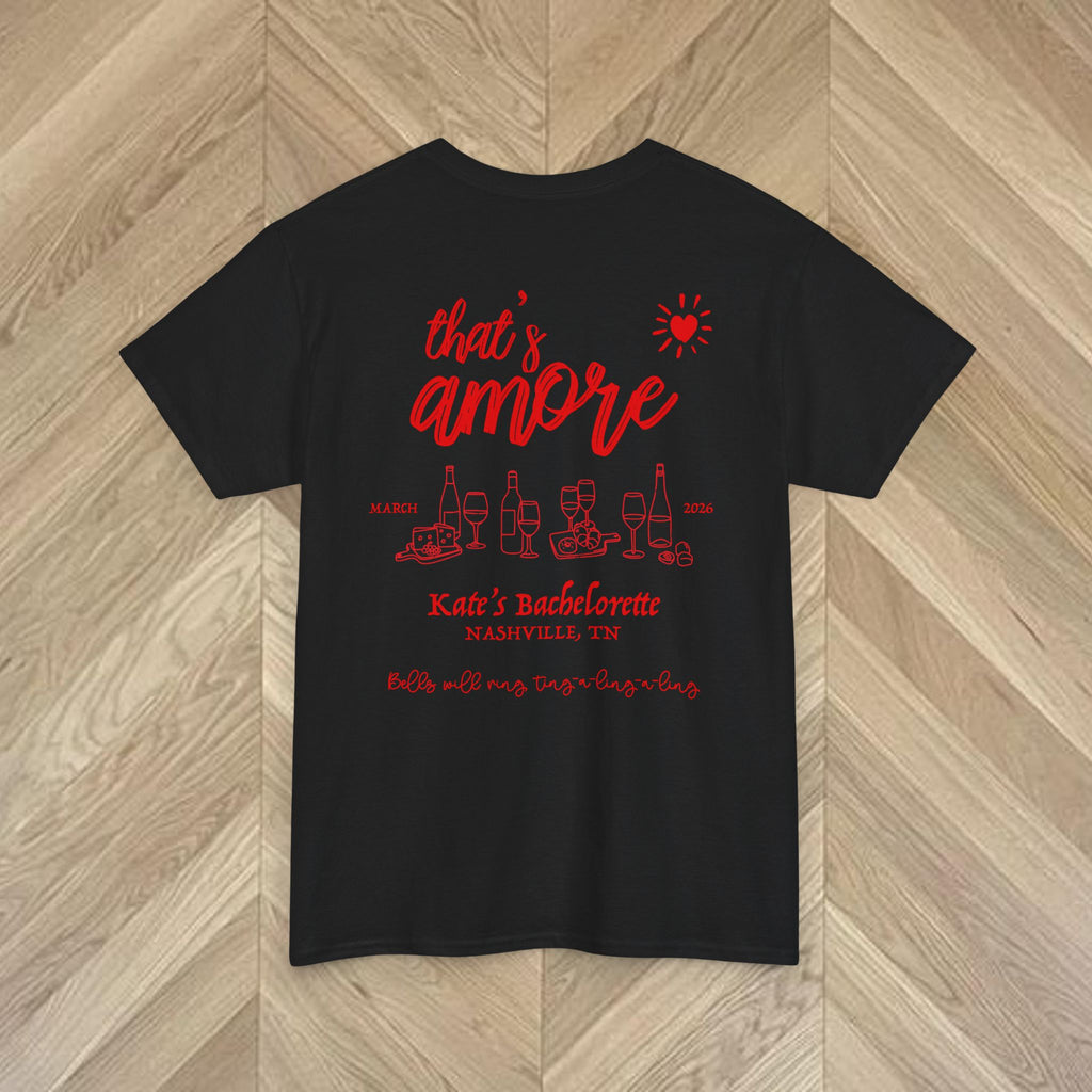 That's Amore personalised wedding weekend t-shirt with front and back print, customised for bridesmaids, maid of honour, and the bride.