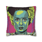 Classic horror movie inspired Frankenstein cushion cover with concealed zipper and printed faux suede finish