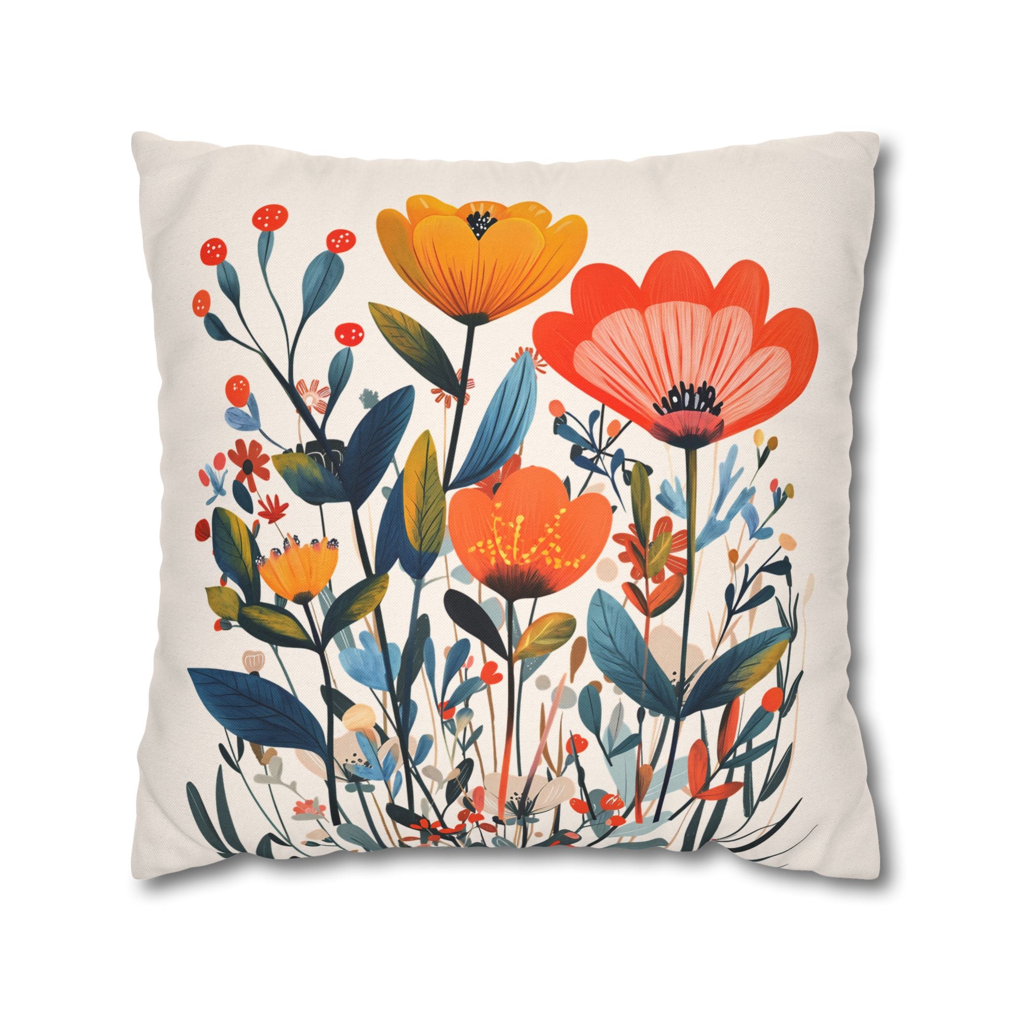 Floral Square Throw Pillow Cover | Mediterranean Wildflower Cushion Cover | Colorful Botanical Decorative Pillow | Double-Sided Polyester