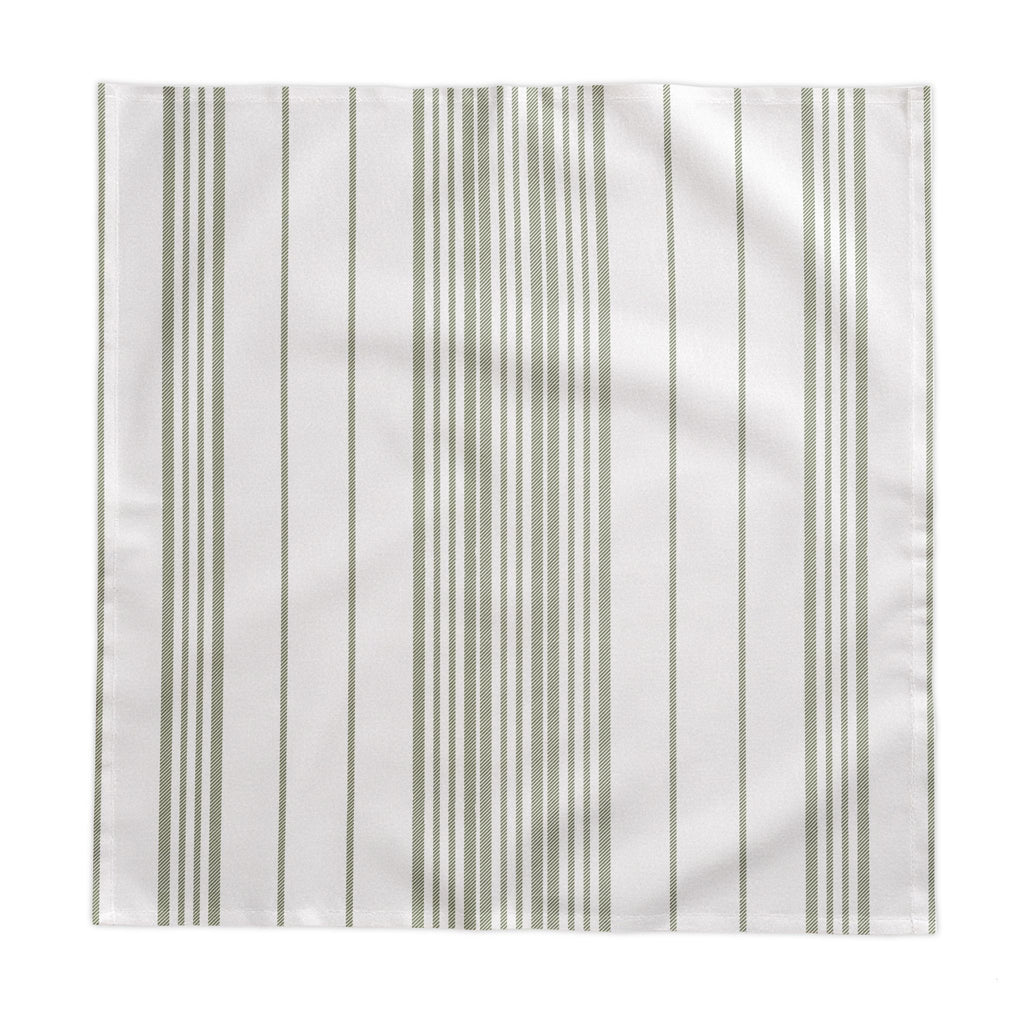 Sage green cotton twill table linen with a classic stripe design for French farmhouse, coastal, and organic modern décor.