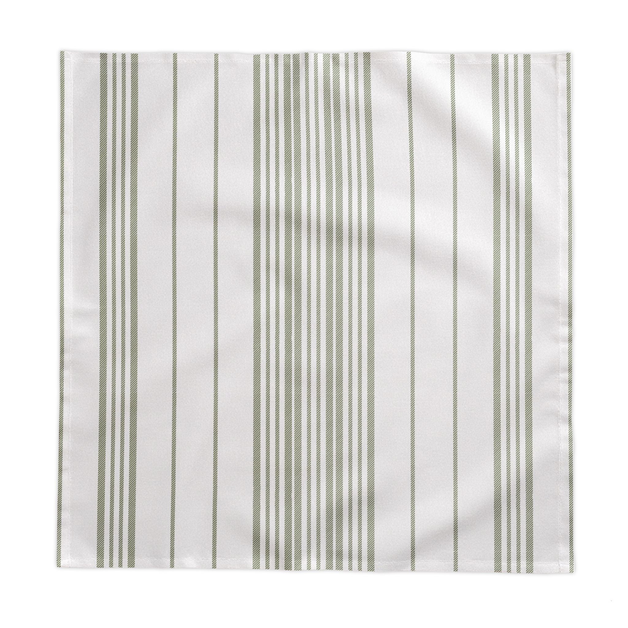 Sage green cotton twill table linen with a classic stripe design for French farmhouse, coastal, and organic modern décor.