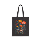 Mediterranean botanical canvas tote bag with orange, coral and blue wildflowers on natural cotton.