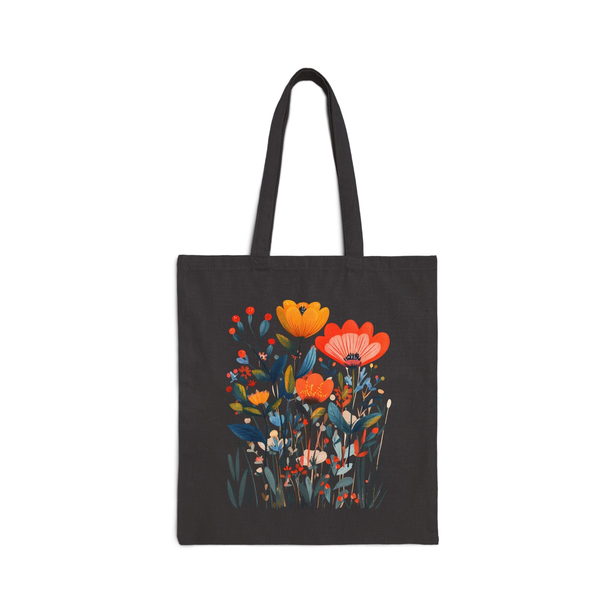 Mediterranean botanical canvas tote bag with orange, coral and blue wildflowers on natural cotton.