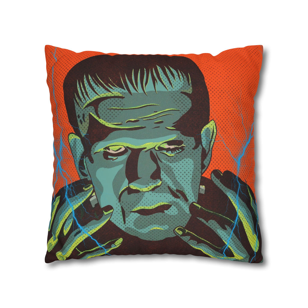 Double-sided Frankenstein and Bride of Frankenstein pillow cover showcasing colourful retro horror artwork