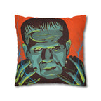 Double-sided Frankenstein and Bride of Frankenstein pillow cover showcasing colourful retro horror artwork