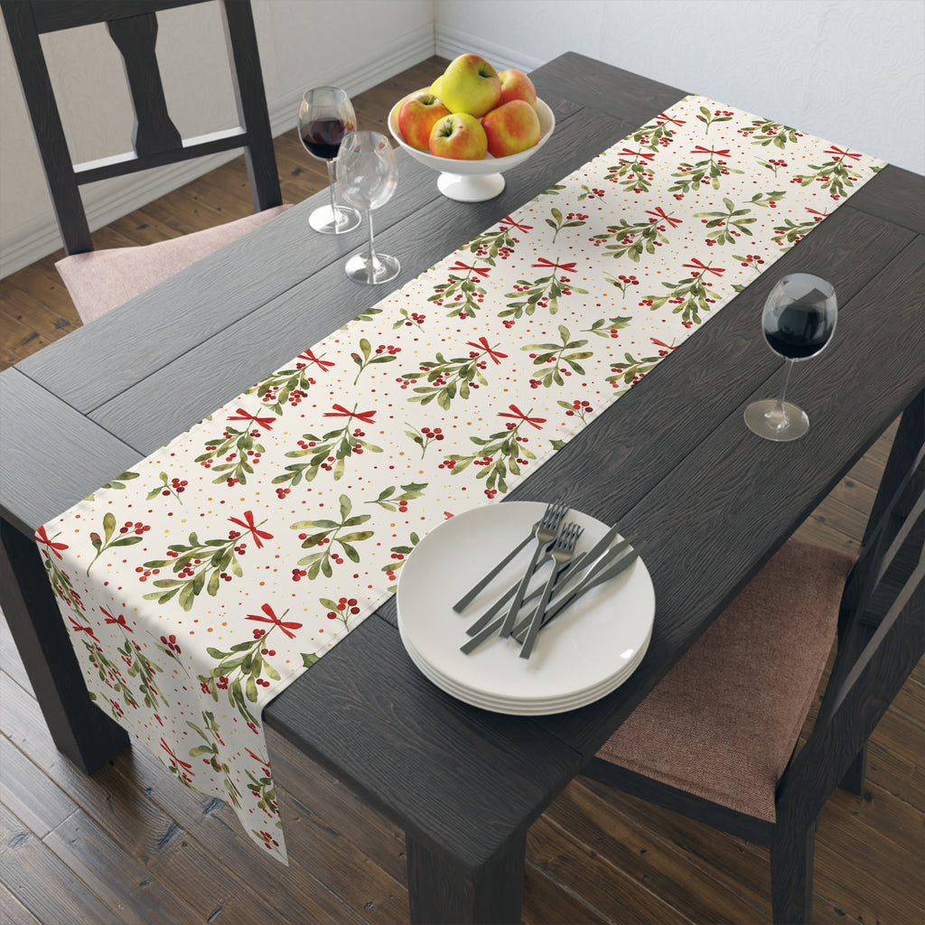 Polyester Christmas mistletoe table runner with festive botanical print