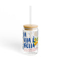Clear glass cup with “Life is Beautiful” lemon artwork and optional reusable glass straw