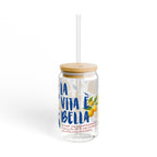 Clear glass cup with “Life is Beautiful” lemon artwork and optional reusable glass straw