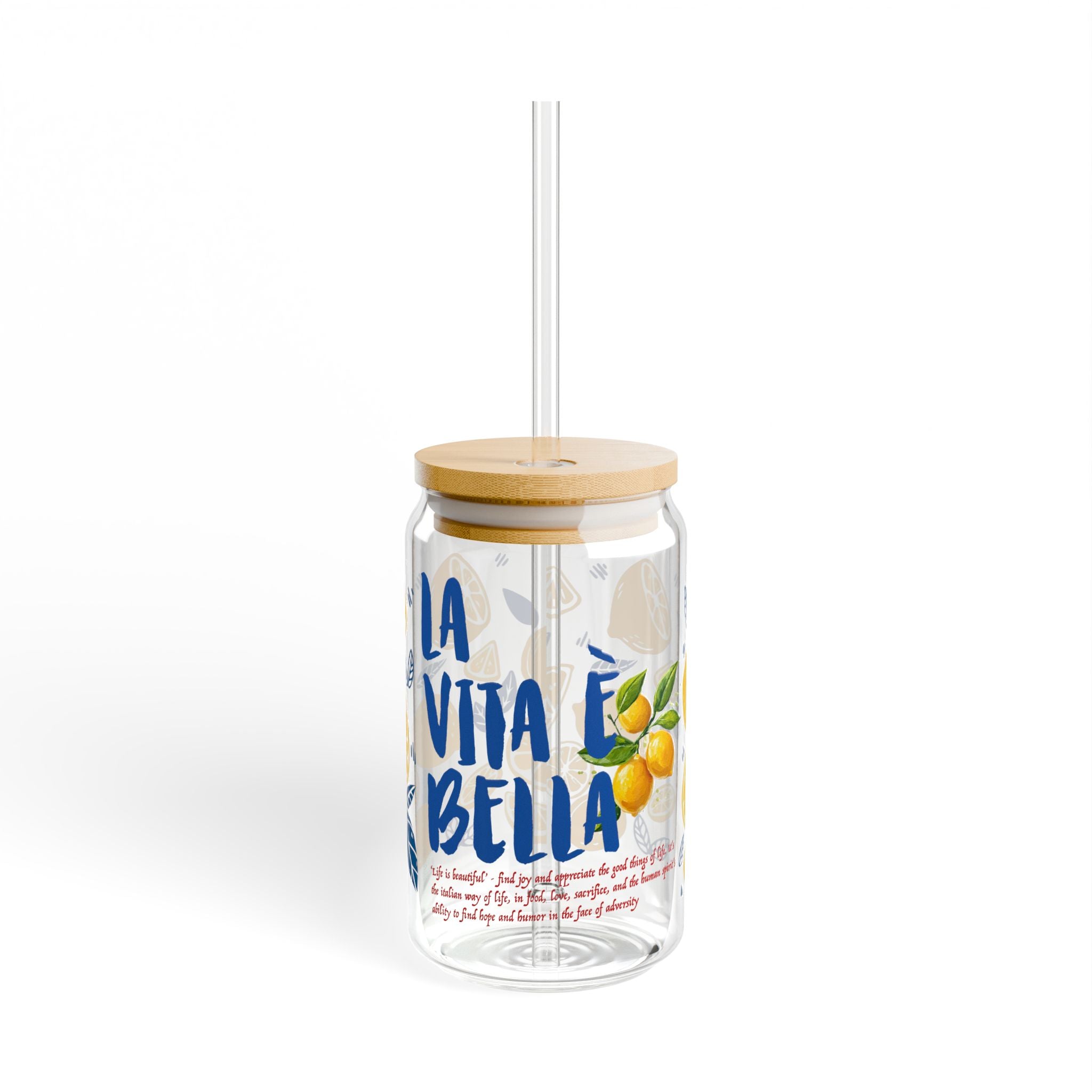 Clear glass cup with “Life is Beautiful” lemon artwork and optional reusable glass straw