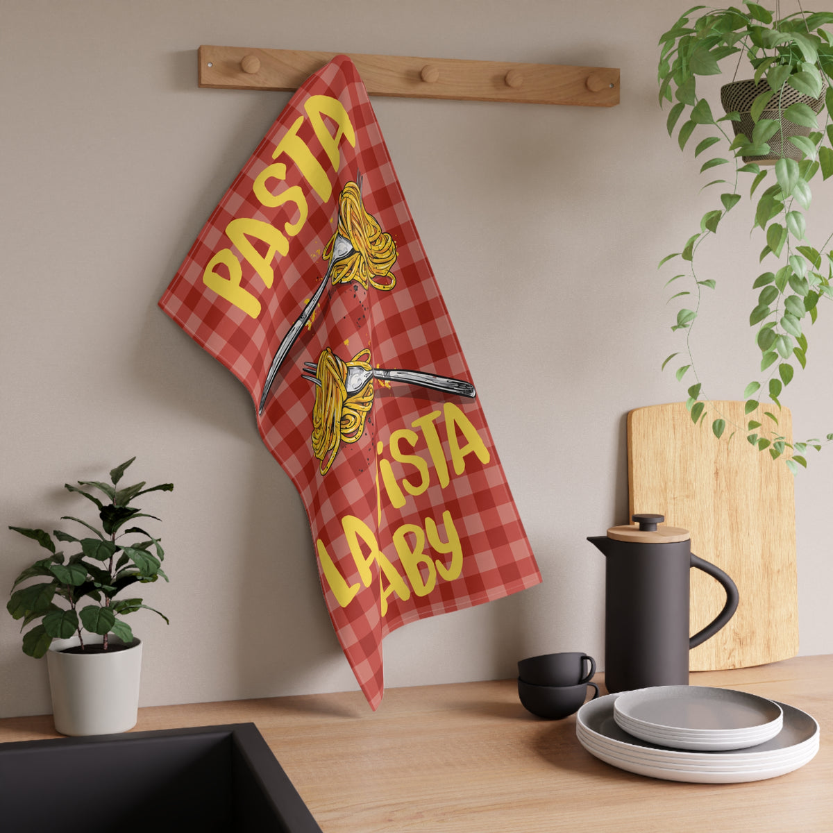 Pasta La Vista Baby tea towel, a funny kitchen gift for pasta lovers, foodies and fans of quirky home accessories.
