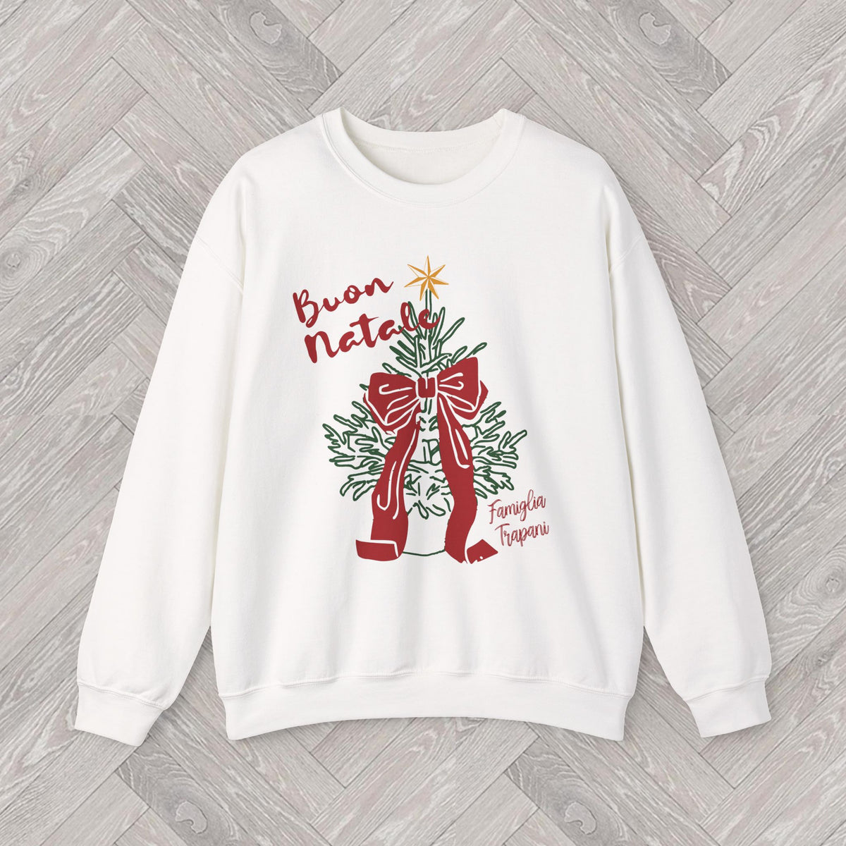 Italian-inspired Buon Natale Christmas sweatshirt with traditional festive artwork, a cosy gift idea for Christmas and winter celebrations.