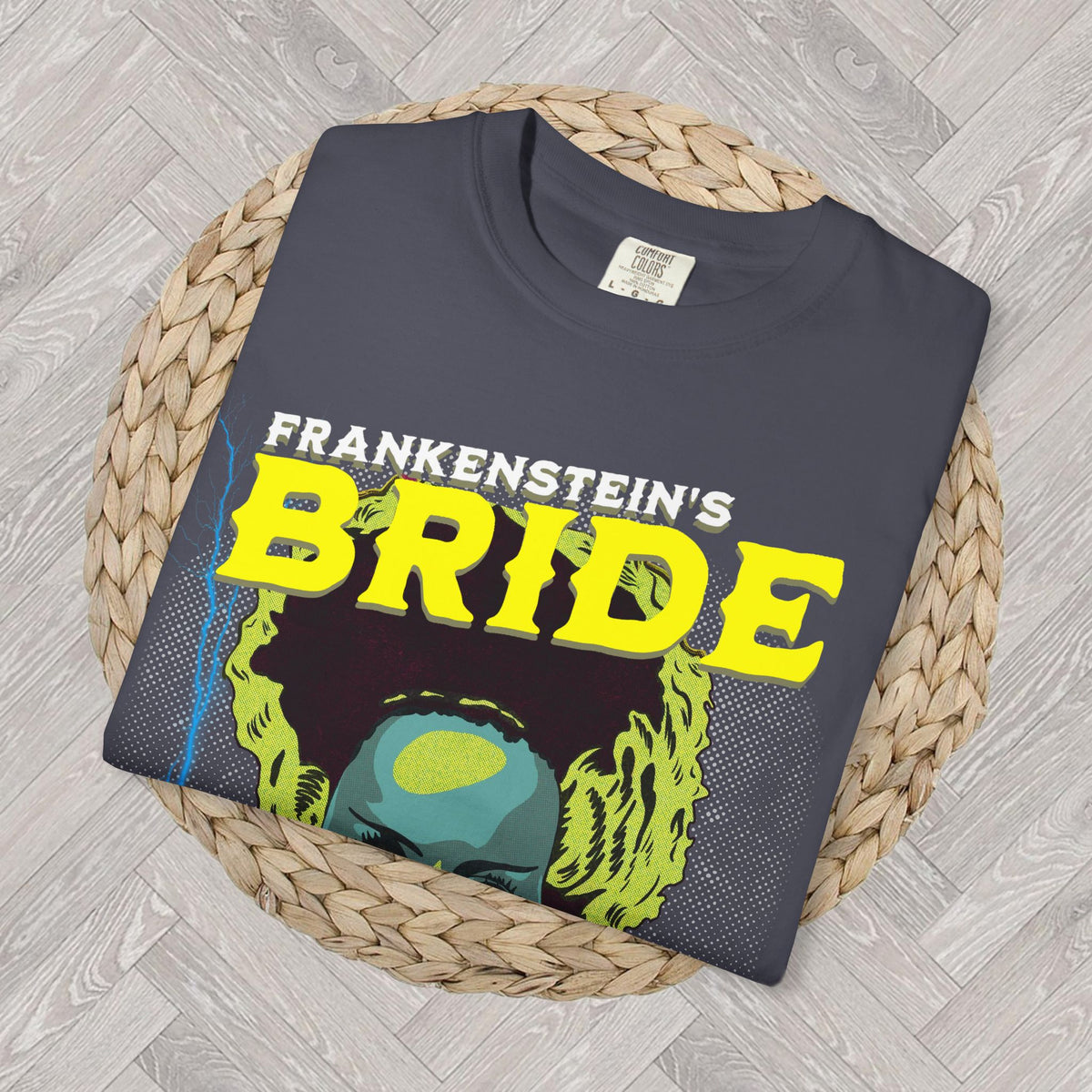 Colorful Bride of Frankenstein shirt styled for Halloween, fall and gothic fashion