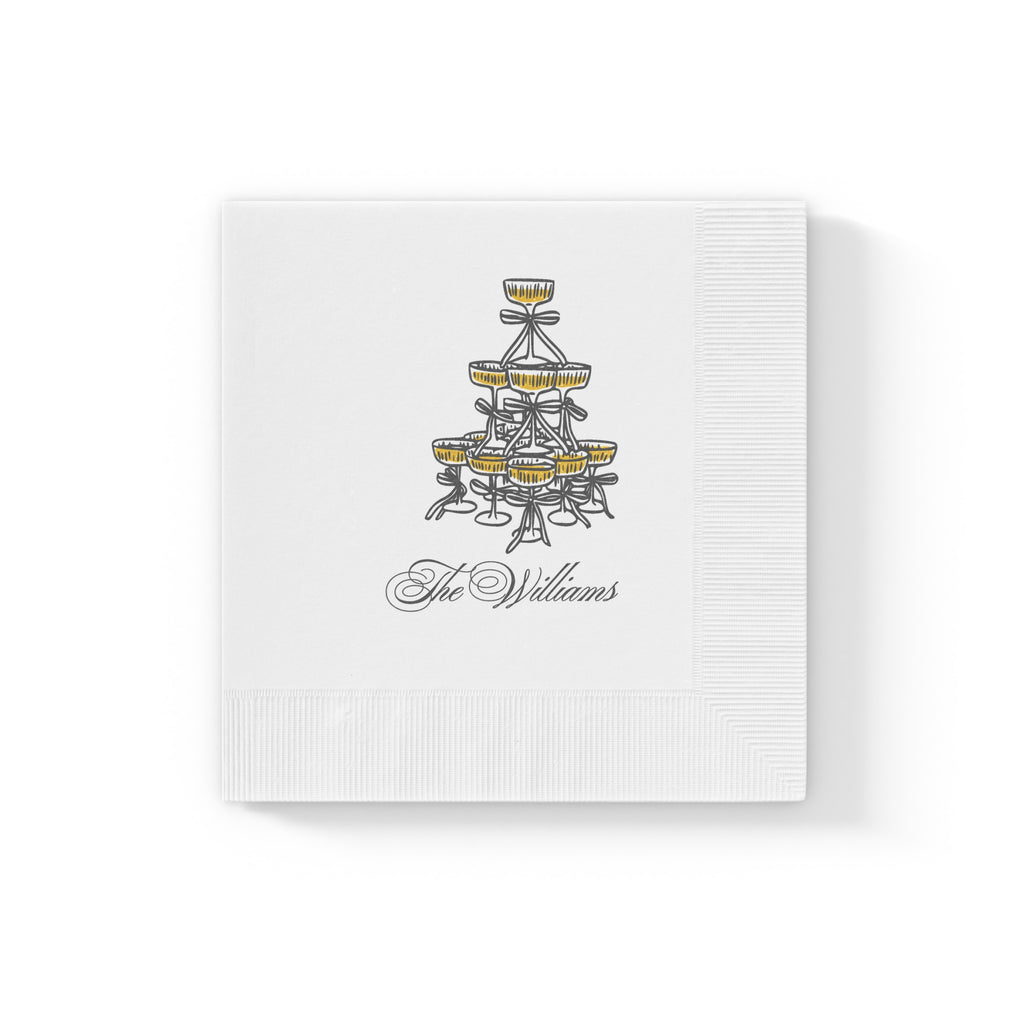Custom wedding cocktail napkin featuring Champagne Social Club design for champagne towers, receptions, and anniversary celebrations.